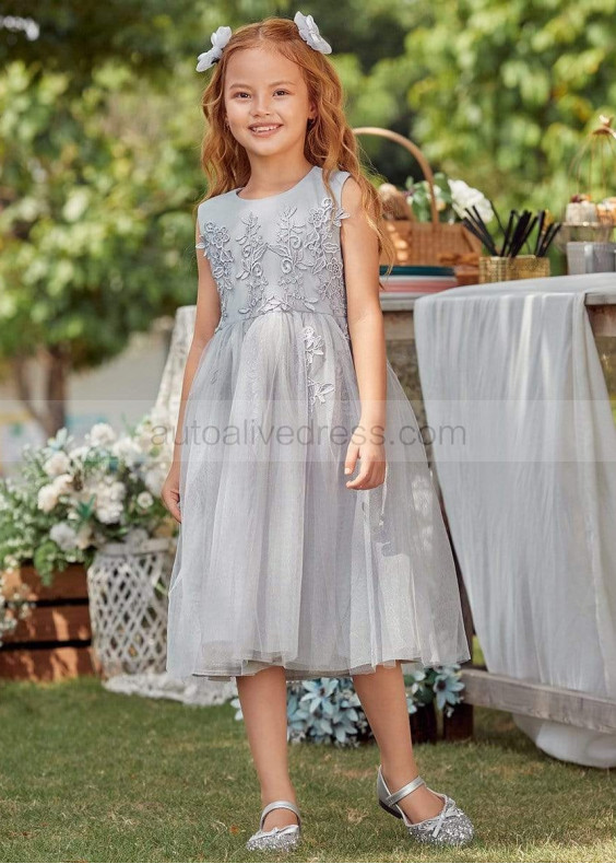 Cute Gray Lace Tulle Tea Length Flower Girl Dress